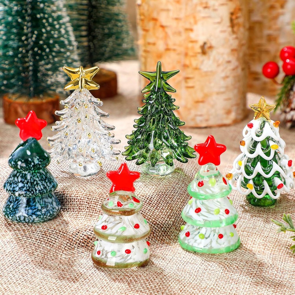 6 Pcs Glass Christmas Tree 2.36 Inch Mini Green Crystal Figurine Miniature Decor