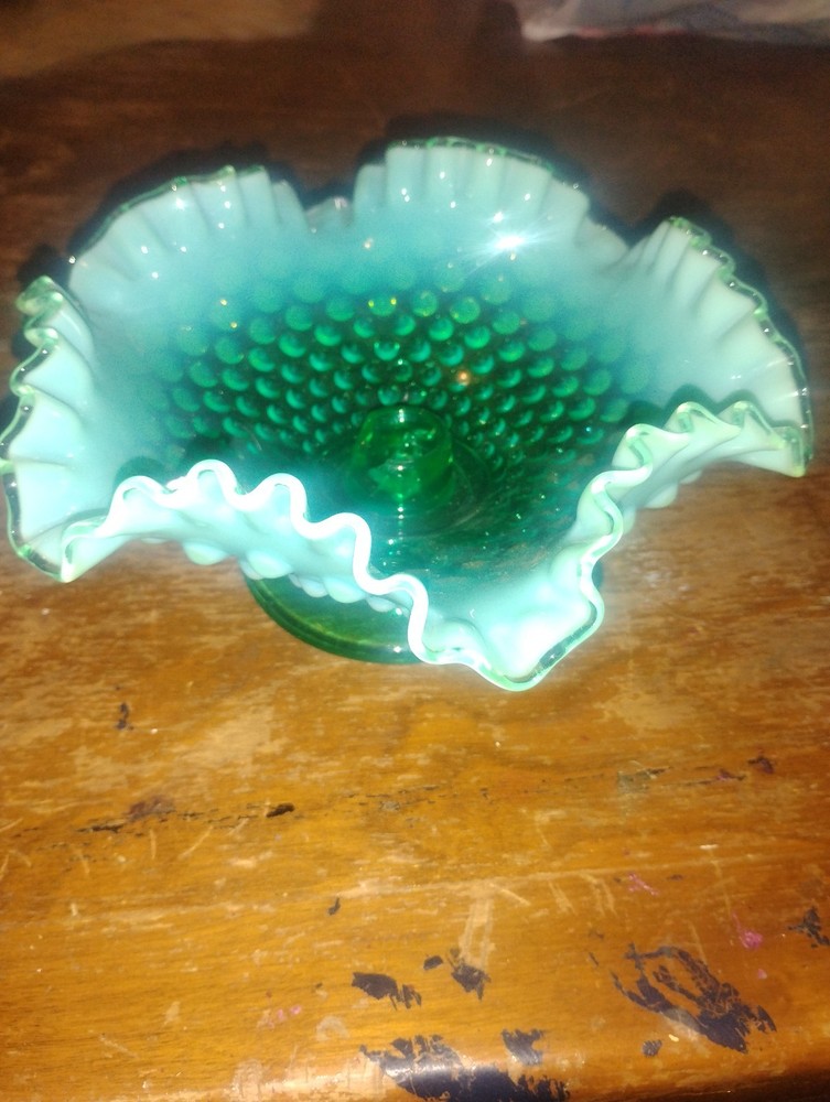 Fenton Emerald Green Opalescent Hobnail ruffled footed candle holder (broken)