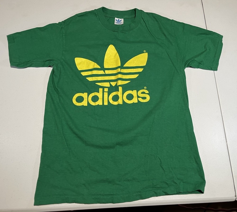 vtg SINGLE STITCH Adidas Trefoil Logo DOUBLE SIDED shirt green yellow mens Large