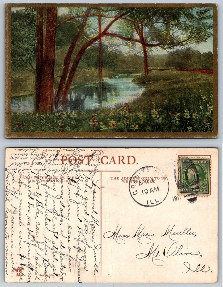 1911 Granite City IL Postcard Stream Trees Bridge Nature Scene Antique