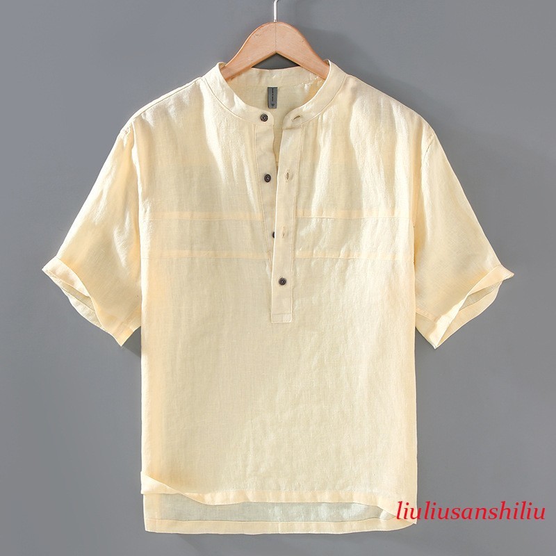 Men's 100% Linen Short Sleeve Stand Collar Half Button Pullover Shirts Summer Sz