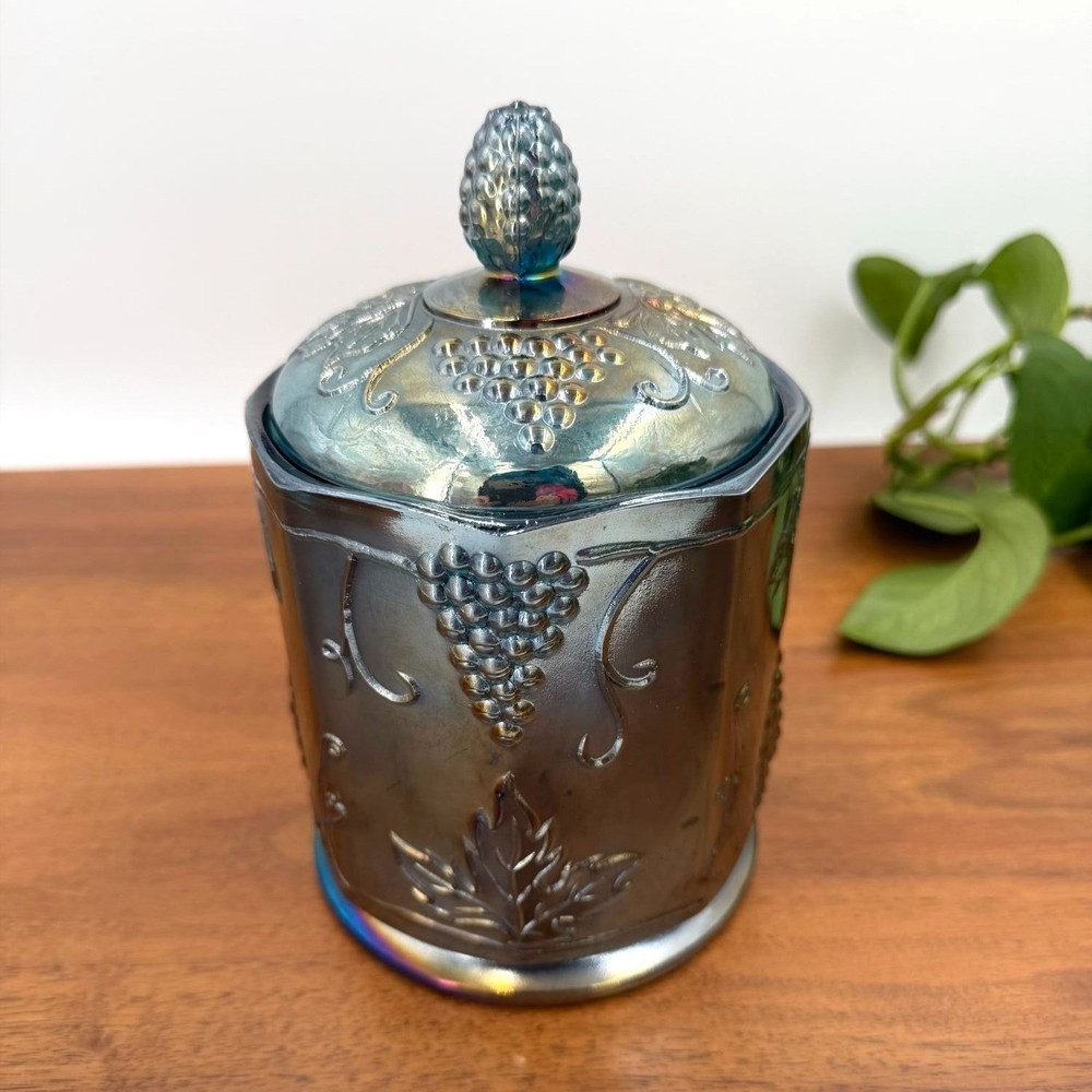 Indiana Glass Harvest Grape Canister | Carnival Glass | Iridescent Blue