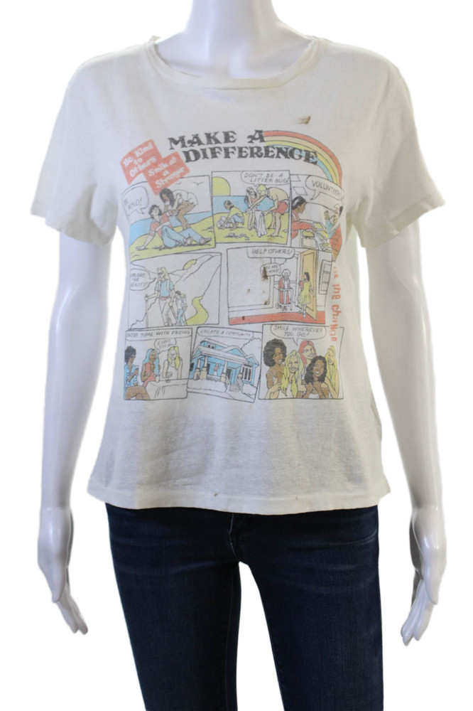 Re/Done Womens White Basic Cartoon Cotton Crew Neck Short Sleeve T-Shirt Size SFree Shipping in US $100+ Orders | $6.95 Orders Below
