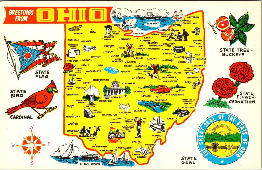 OH-Ohio, Landmarks Map General Greetings, Vintage Postcard