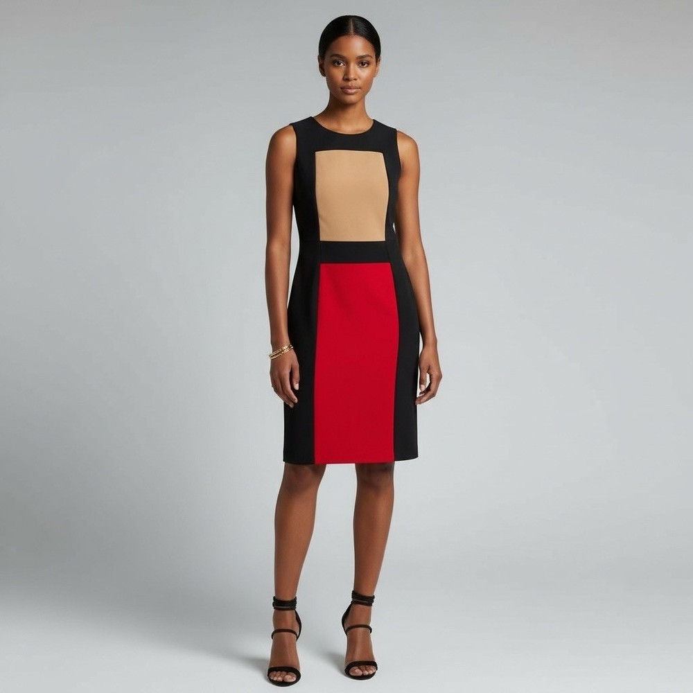 Calvin Klein Women’s Black Red Khaki Colorblock Sleeveless Sheath Dress 8