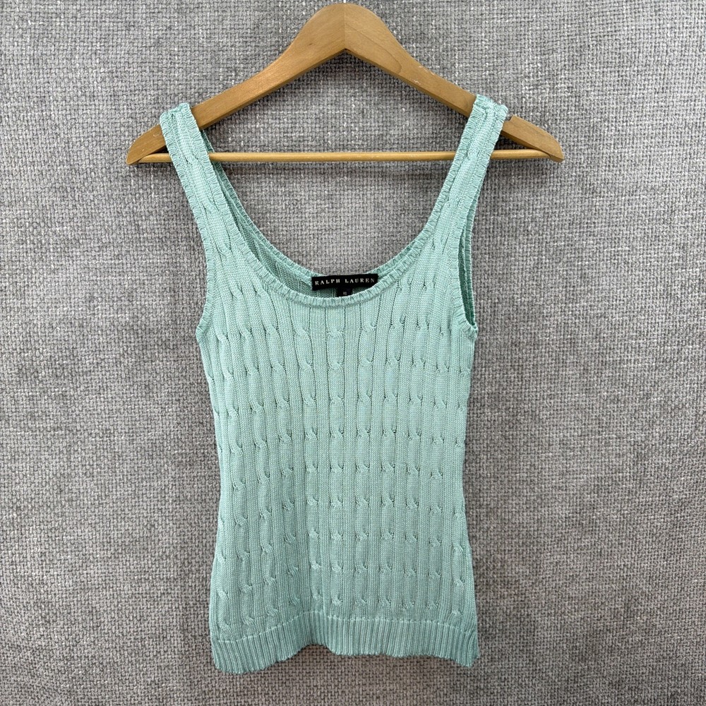 RALPH Lauren Black Label 100% Silk Aqua Women’s XS Cable Knit Scoop Neck Tank