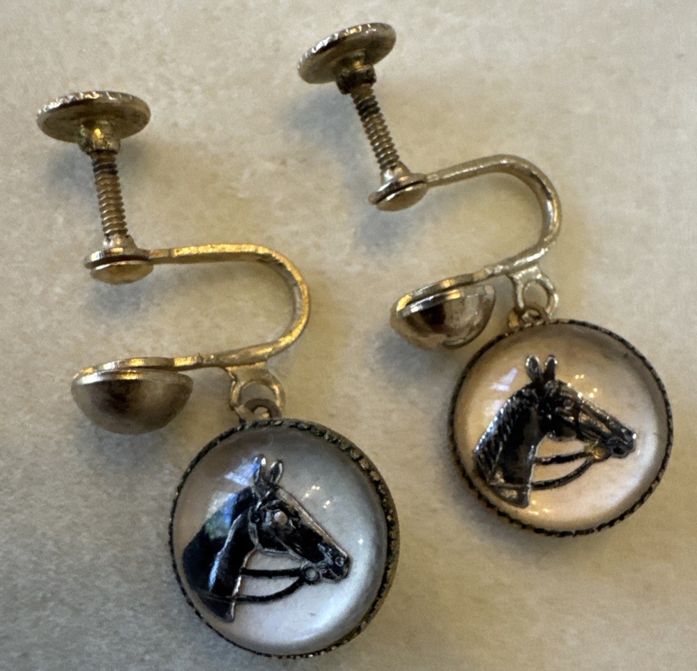 Vintage Equestrian Cameo style– glass dome , gold tone, screw back earrings.