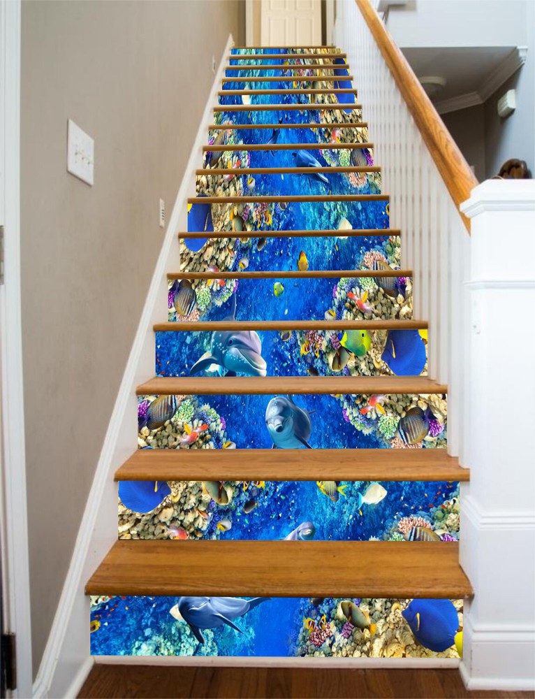3D Blue Ocean Fish AZ360 Stair Risers Decorative Vinyl Wallpaper Mural