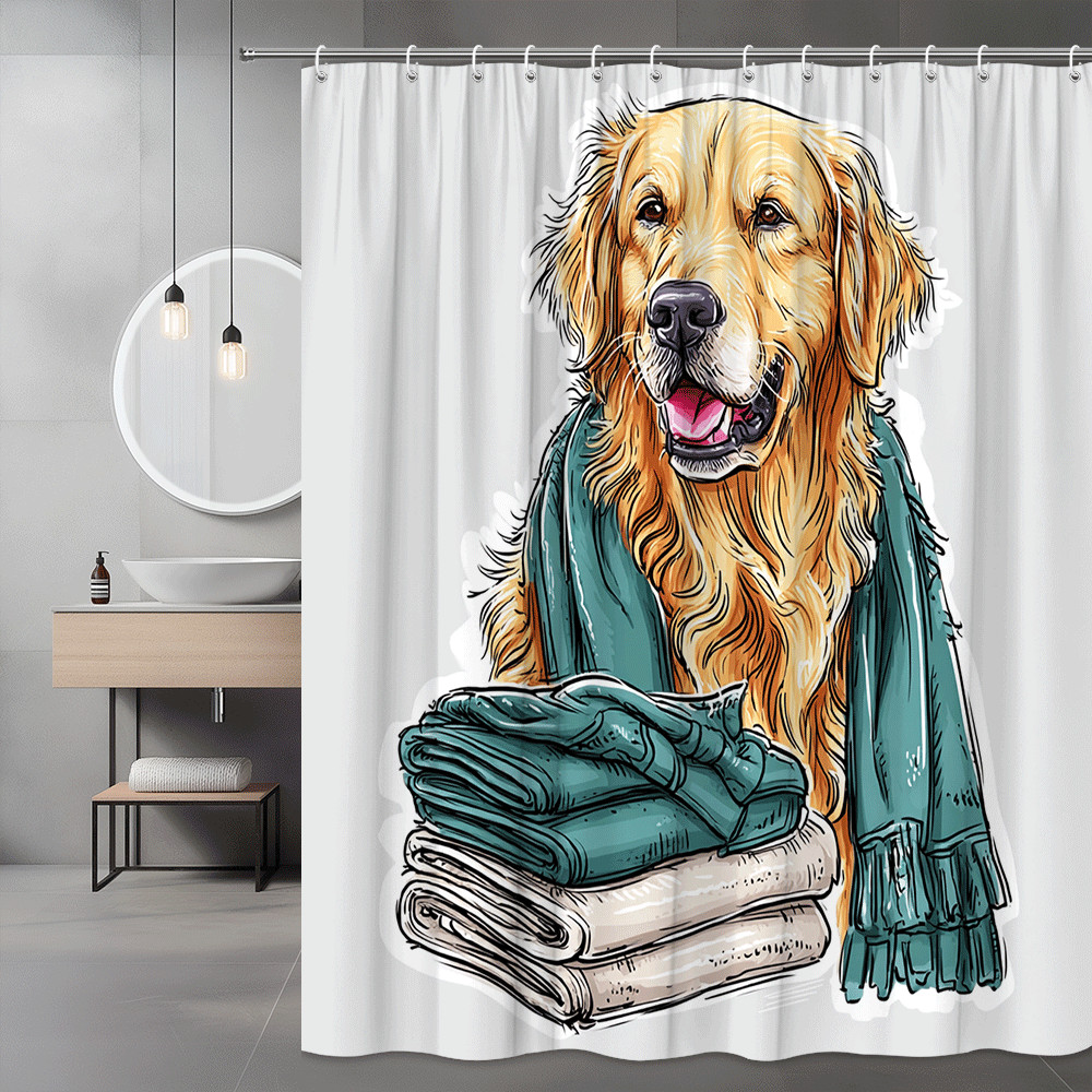Golden Retriever Shower Curtain Dog with Folded Towels Graphic
