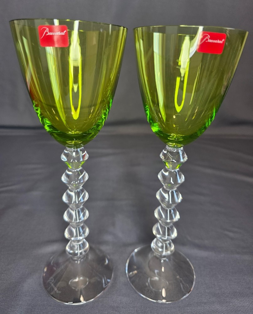 BACCARAT VEGA OLIVE GREEN RHINE WINE GLASS - Set of 2 - Individually Boxed