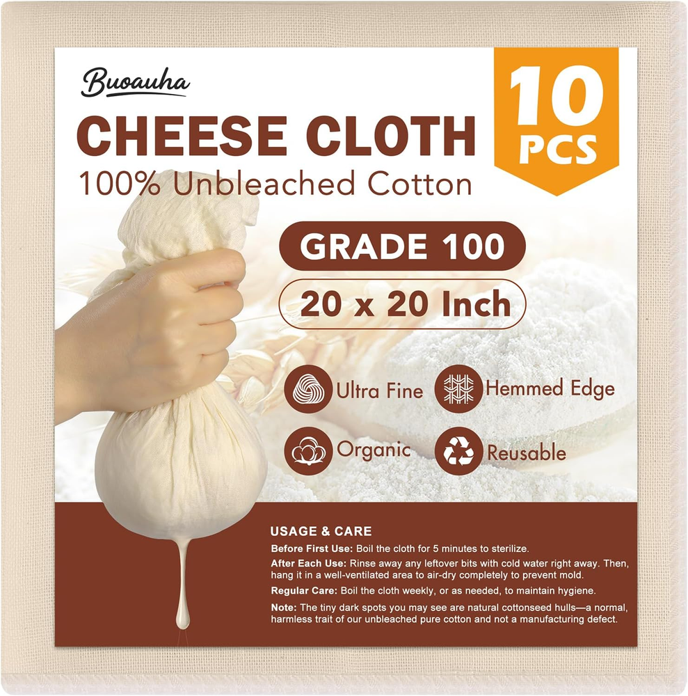 10 PCS Cheesecloth, 20X20 Inch – 100% Unbleached Cotton, Reusable Hemmed Cheese