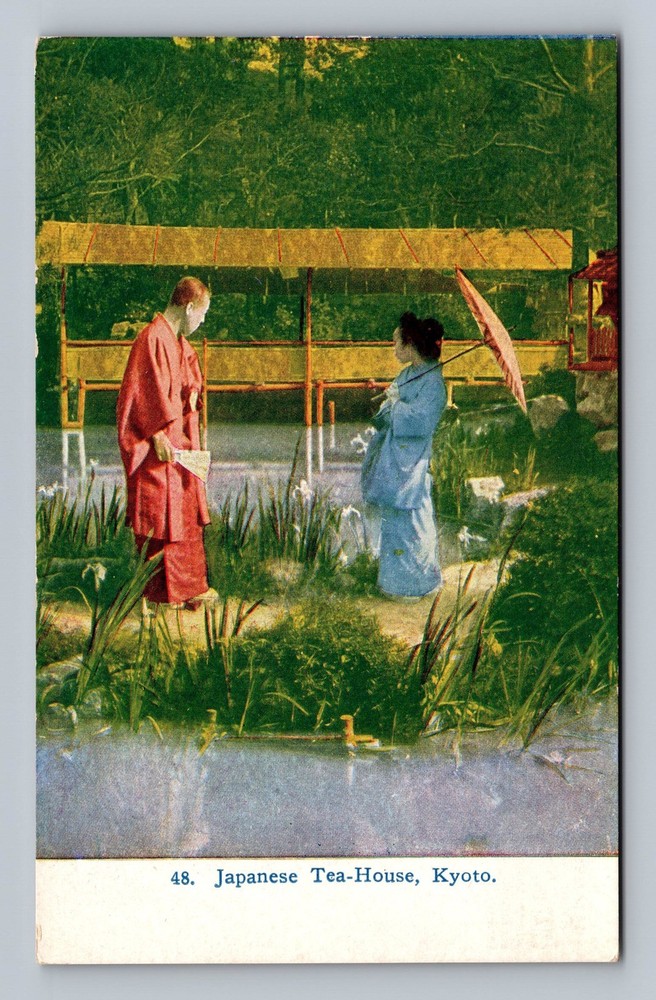 Japan- Kyoto Jajanese Tea House Man & Woman Old Post Card View Vintage Postcard