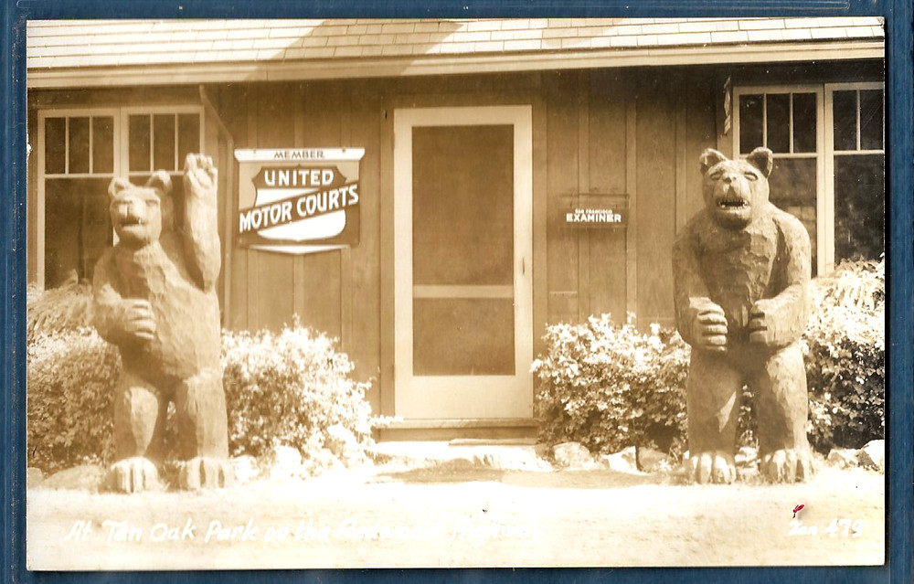 1066  RPPC c1930 Office Carved Bears Tan Oak Park Redwood Hwy Leggett California