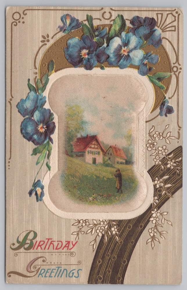 Greetings~Birthday~Man Walks Home in Summer~Violets~Vintage Postcard