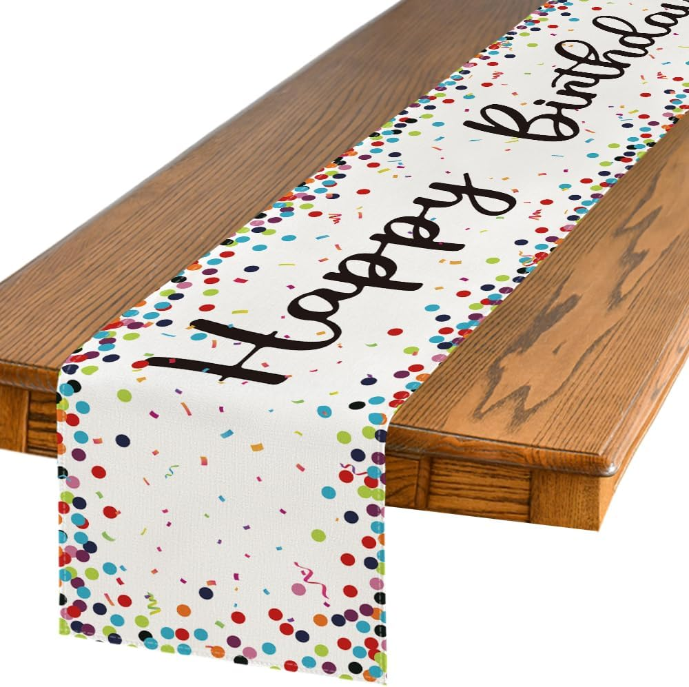 Polka Dot Beige Happy Birthday Table Runner, Seasonal Kitchen Dining Table Decor