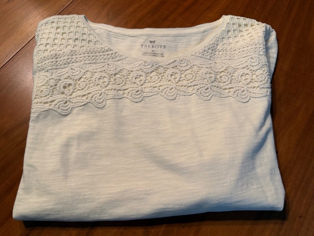 TALBOTS Womens XL Top T Shirt Blouse LS OFF WHITE NEW NWT Neck Pattern NICE