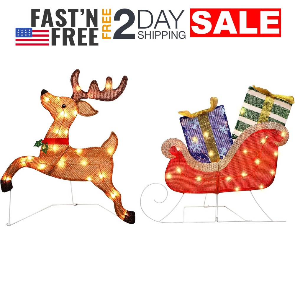 25x44 Reindeer With Sleigh LED 50 Lights Outdoor Indoor Christmas Decor For Home