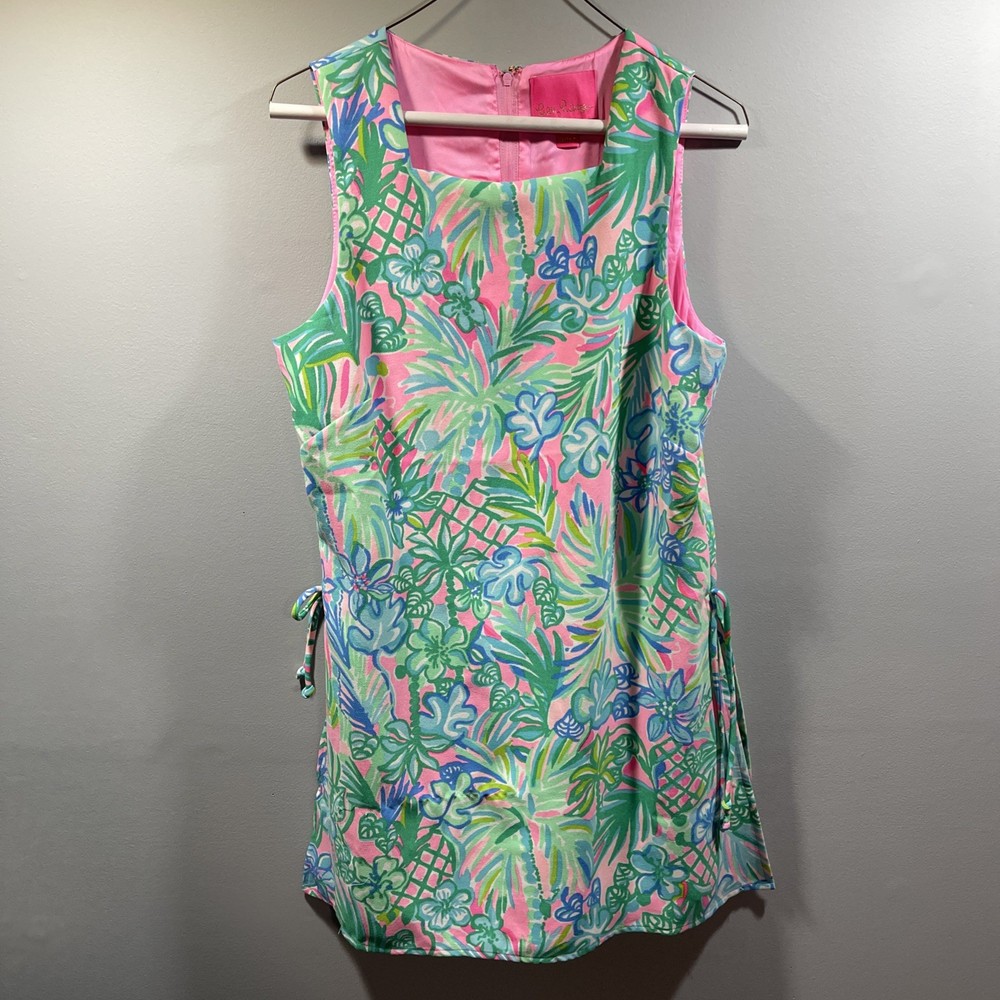 Lilly Pulitzer Shift Size 8 Dress Sleeveless Bright Pink Green Scoop Neck Lined