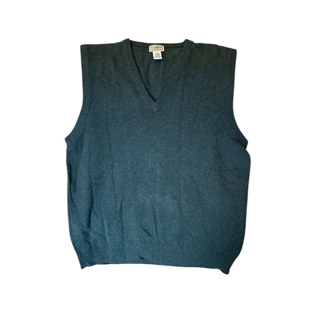 LL Bean Vest Wool LambsWool Sweater Knit V Neck Olive Green Mens Large