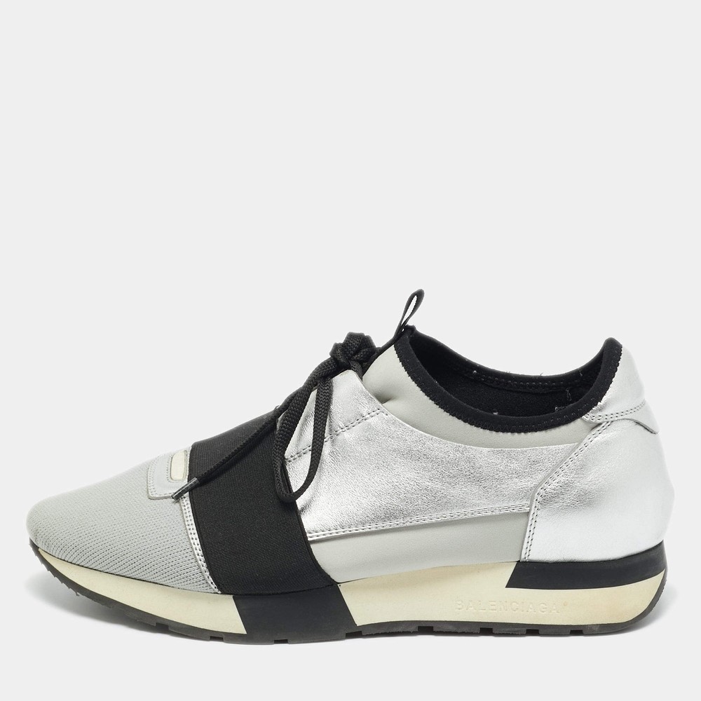 Balenciaga Race Runner Size 39 Silver Leather Mesh and Neoprene Low Top Sneakers
