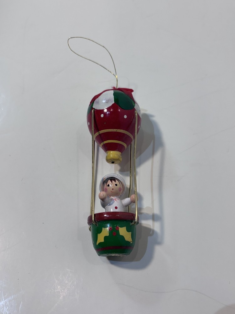 Wooden Hot Air Balloon with Child Christmas Ornament - Vintage - Hand Painted