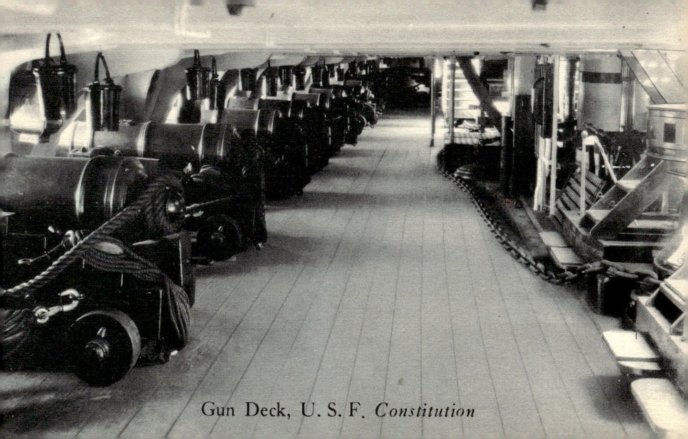 1940s USS Constitution Gun Deck Boston MA Old Ironsides Frigate Linen Postcard
