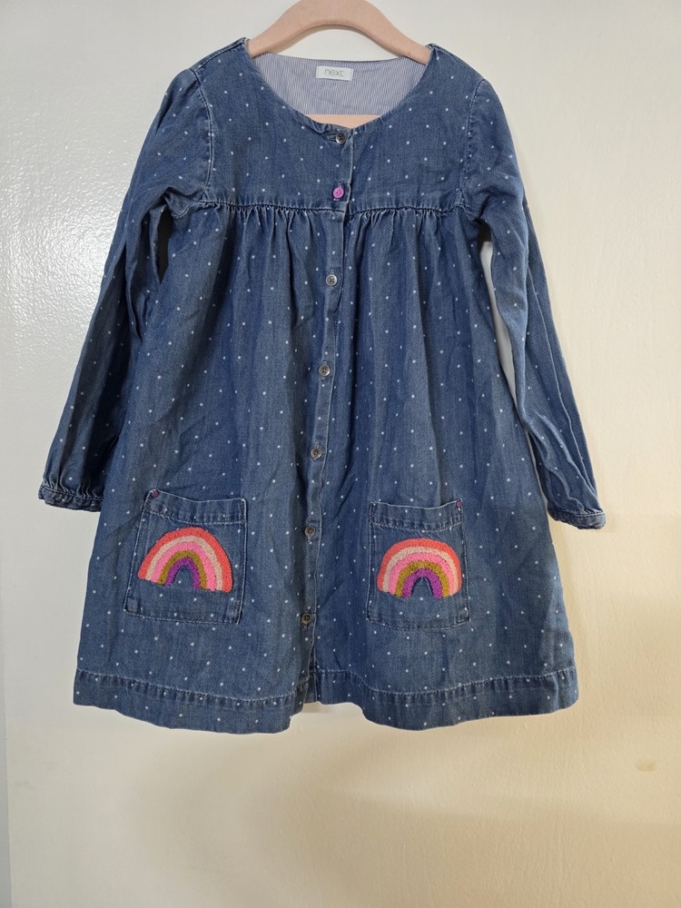 Next Girls Blue Denim Polka Dot Rainbow Embroidered Dress Long Sleeve 5-6yrs