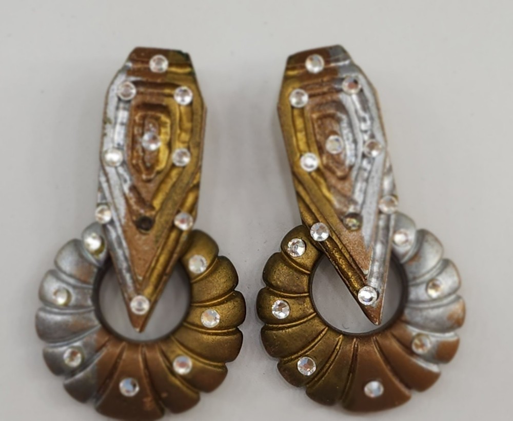 Vintage Jeff Lieb Metallic Gold & Silver Shield Clip-On Dangle Earrings