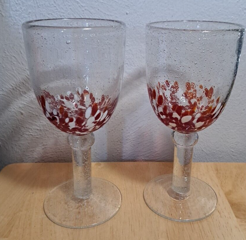 2 Red and White Confetti Hand Blown Drinking Glasses Bubble Goblets
