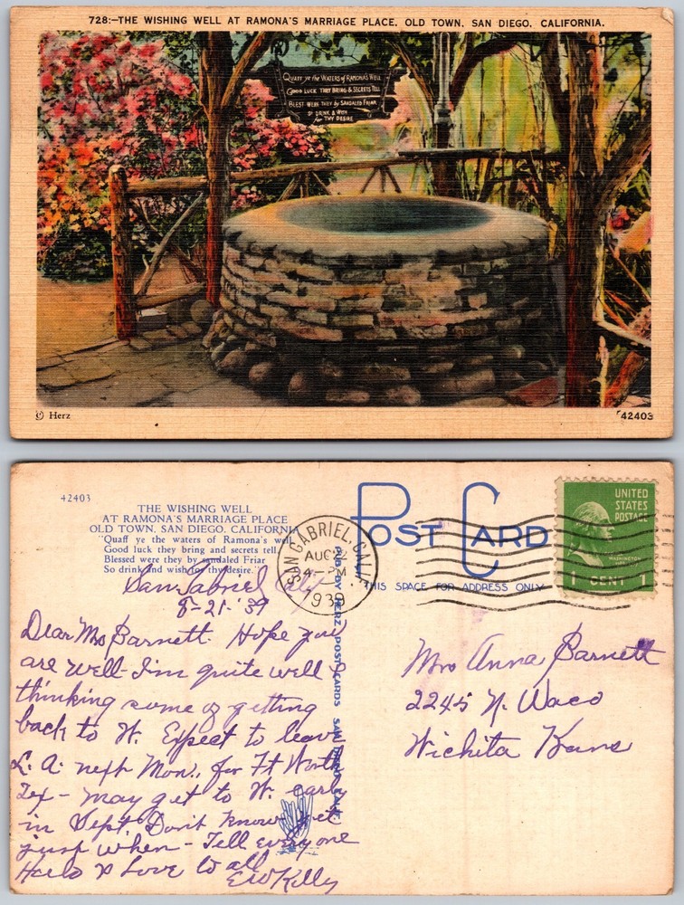 Ramona Marriage Place Wishing Well San Diego CA Postcard