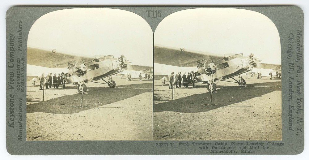 D1629~ AVIATION – Ford Trimotor Plane Leaving Chicago c.1920s Stereoview