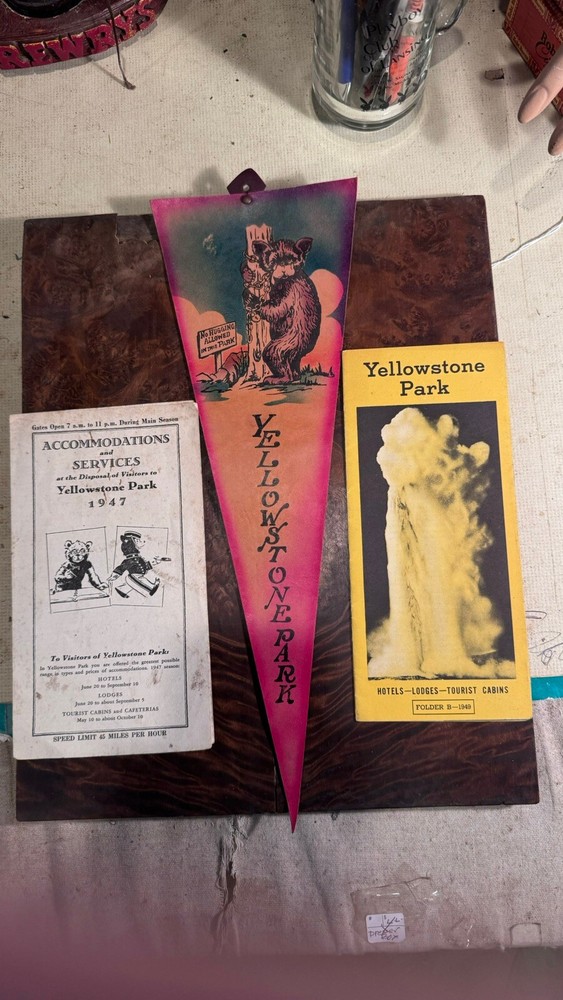 Vintage 2 1930’s- 40’s Yellowstone Park Brochures & Bear Leather Pennant