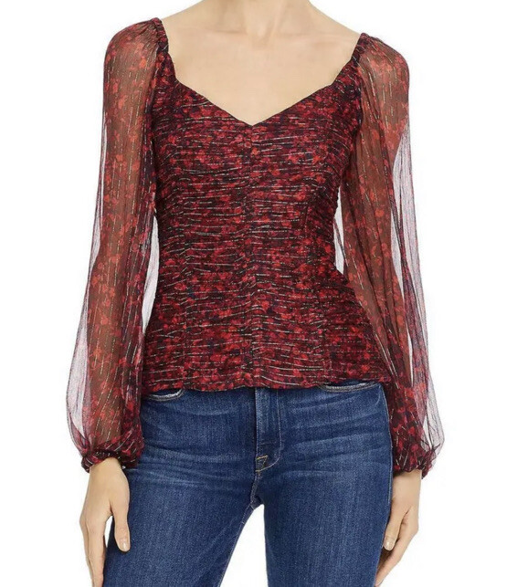 Parker Silk Blouse Sz S Catherine Red Metallic Floral Sheer Ruched puff sleeves
