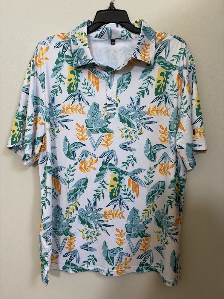 Men's Floral Short Sleeve Button-Up Shirt White/Green/Yellow/Blue Size L