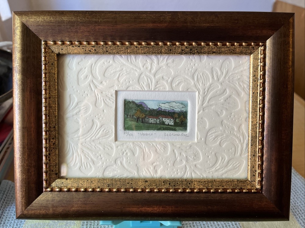 Original Framed Miniature Hand Colored Etching Titled “Umbria”