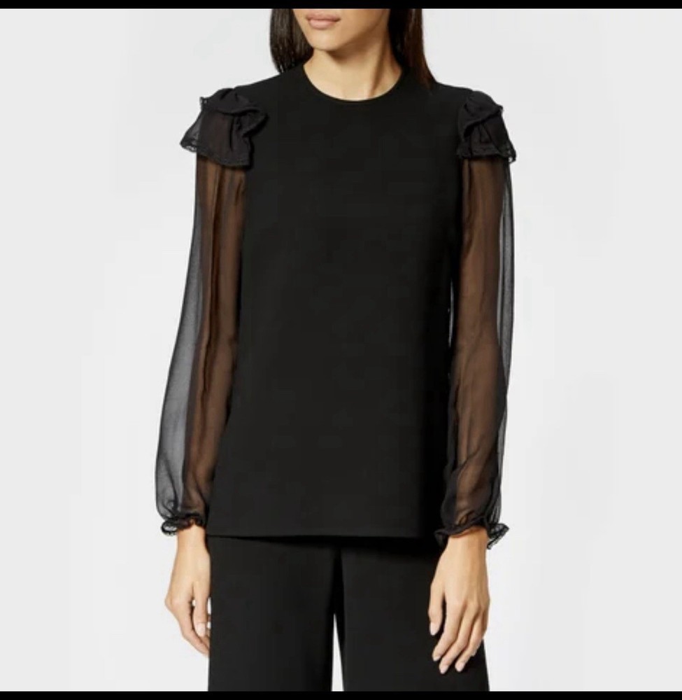 See By Chloe “Embellished” Silk Sheer Crepe Black Blouse Ruffle Long Sleeve 36 4