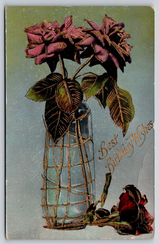 Greetings~Purple Flowers In Vase & Best Birthday Wishes~Vintage Postcard