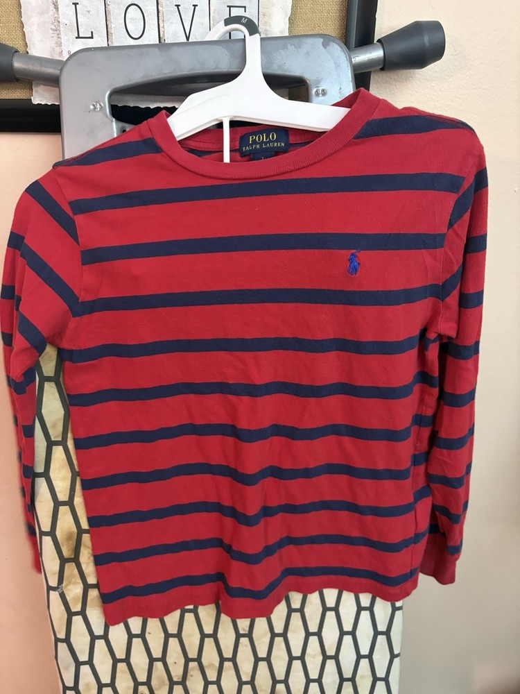 Polo Ralph Lauren Boys 7 Red/Blue Striped Long Sleeve Crew Neck Logo T-Shirt,
