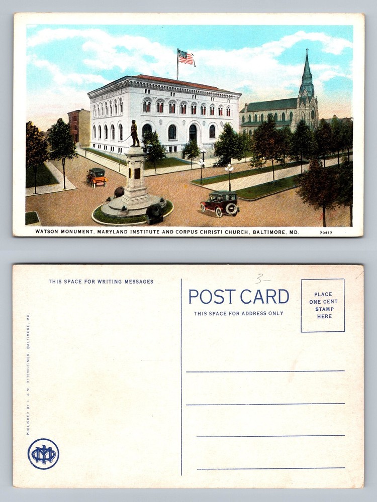 Baltimore, MD-Maryland, Watson Monument & Church Scene Vintage Postcard