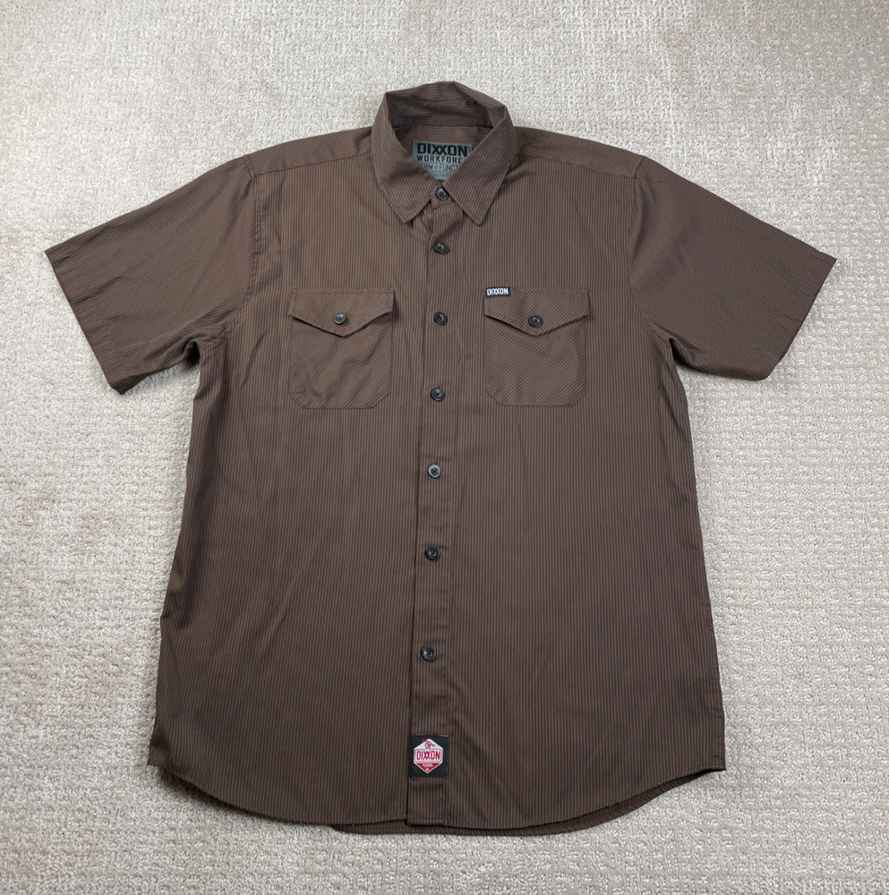 Dixxon Flannel Co Workforce Shirt Mens L Short Sleeve Button Up Brown Pinstripe