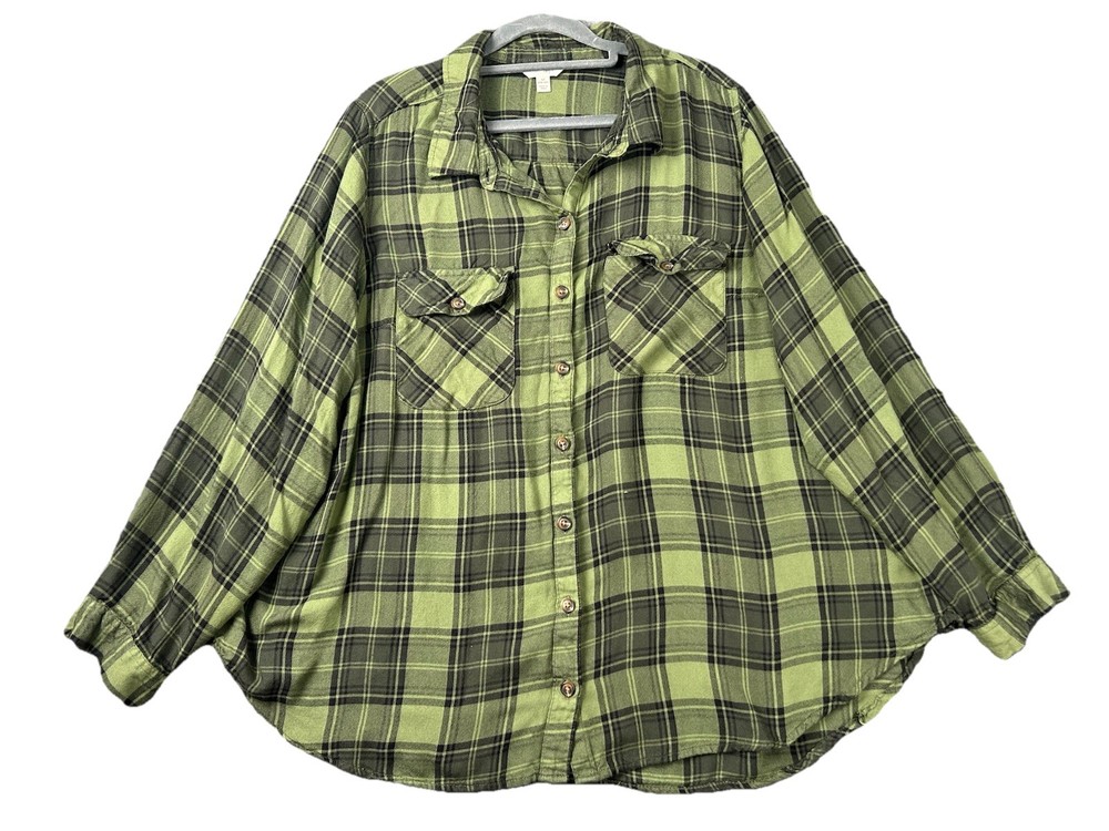 Terra & Sky Womens Green & Black Plaid Long Sleeve Shirt Plus Size 1X