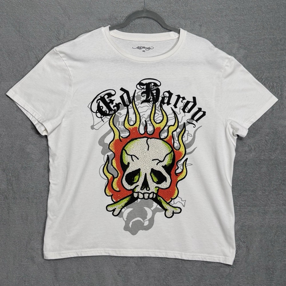 Ed Hardy XL Rhinestone Flame Skull Graphic T-Shirt White Y2K Streetwear Urban