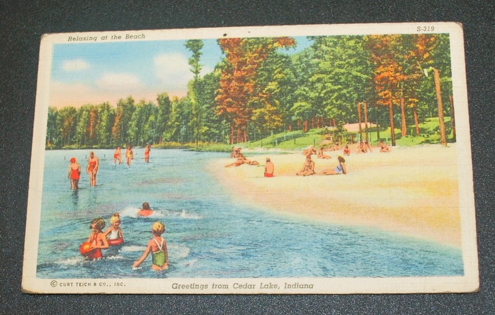 PC-8 S-319 Relaxing at the Beach, Greetings from Cedar Lake, Indiana Postcard