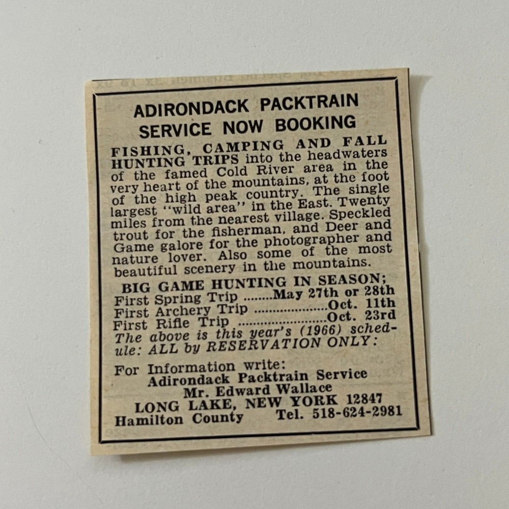 Adirondack Packtrain Service E. Wallace Long Lake NY 1966 Magazine Ad SAH3-S10