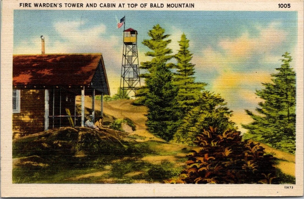 Bald Mountain Fire Warden Tower Cabin Otter Lake NY Linen Postcard