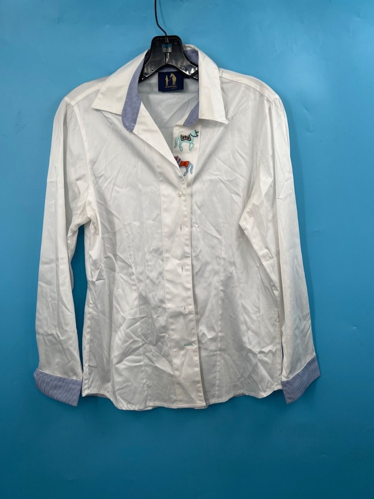 Women's RONNER White & Blue Embroidered Horses Button-Up Blouse Sz 8