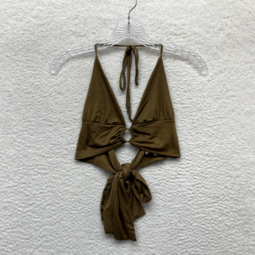 Y2K Vintage Halter Crop Top XL Tan O-Ring Boho Bohemian Festival Rave Club Party