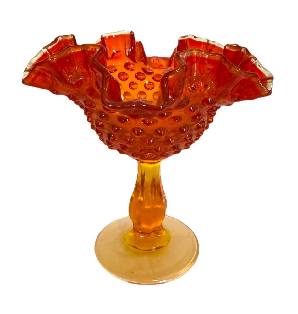 Vtg Fenton Hobnail Amberina Art Glass Compote Ruffled Edge- with Fenton Sticker
