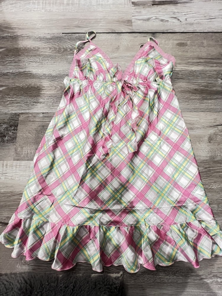 Vintage Victoria Secret Y2K Pink Green White Plaid  Babydoll Slip NWT Size L