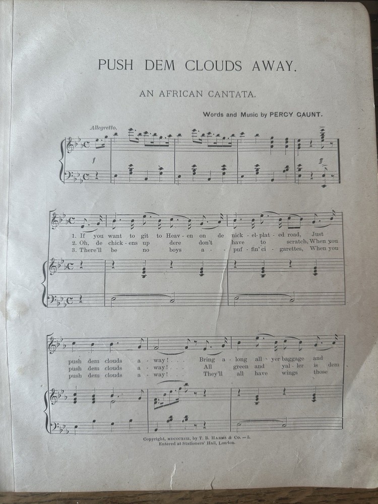 11x14 1892 Sheet Music PUSH DEM CLOUDS AWAY: An African Cantata by Percy Gaunt